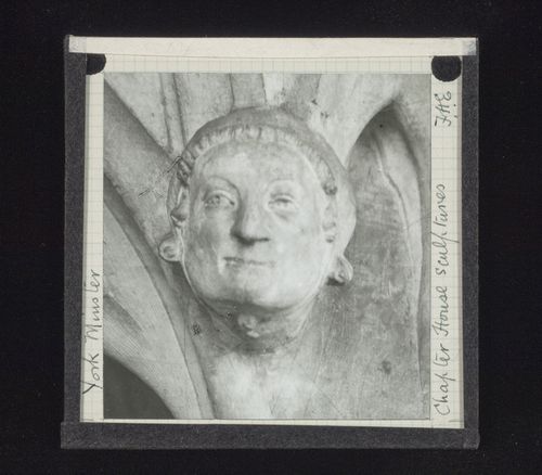 View of sculpture of man's head in Chapter House of York Minster, York, North Yorkshire, England