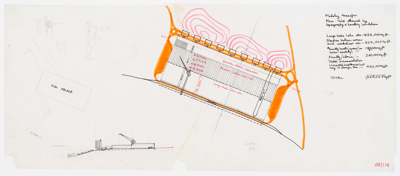 Madeley Transfer area: plan, elevation, and comparison with area of the Fun Palace (from the Potteries Thinkbelt project records)