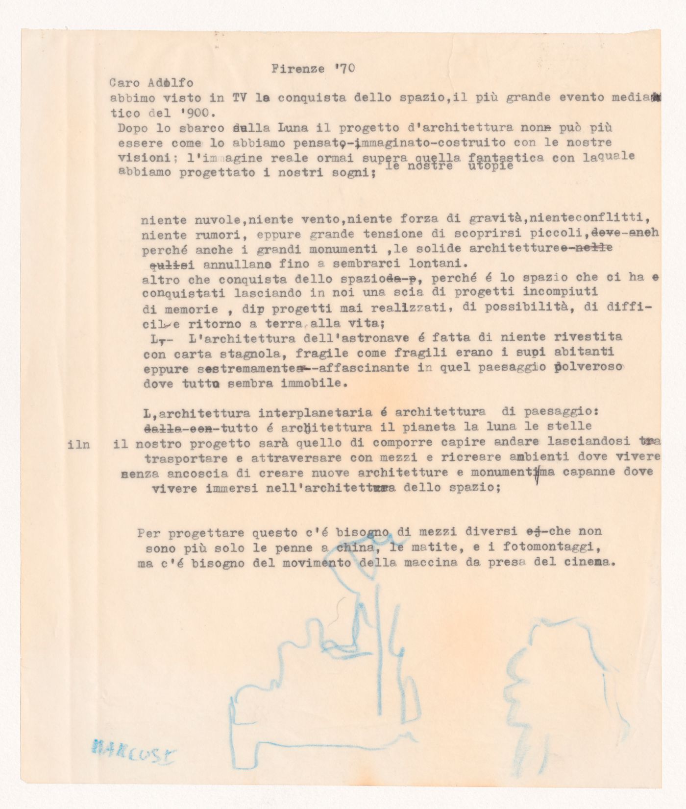 Letter to Adolfo Natalini for Architettura Interplanetaria [Interplanetary Architecture]
