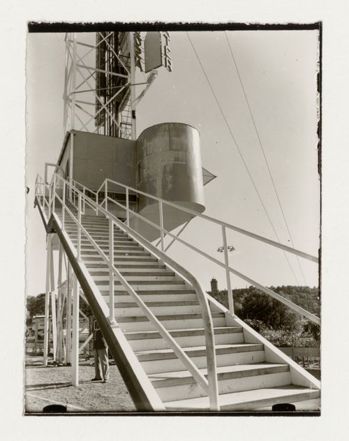 Exterior view of the base of the advertising mast at the Stockholm Exhibition of 1930 showing the stairs, Stockholm