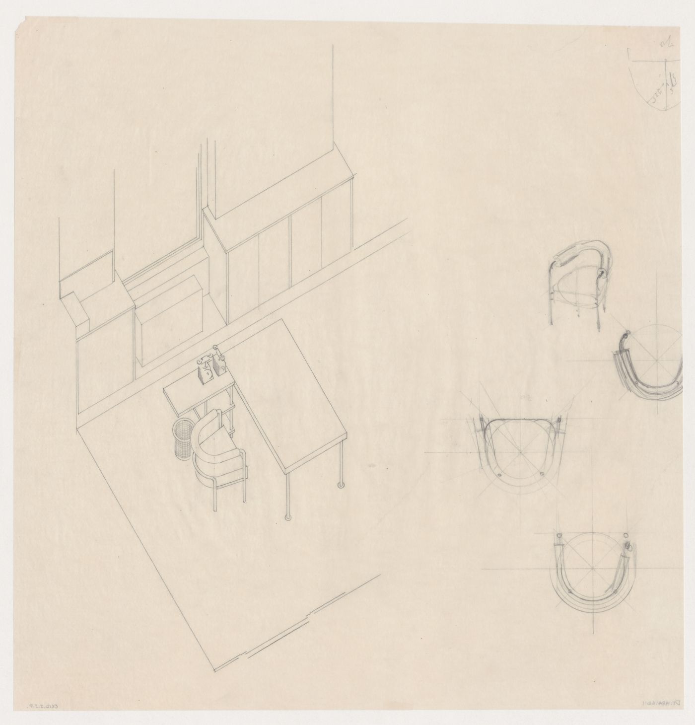 Axonometric, perspective and plans for furniture for M.J.I. de Jonge van Ellemeet's office in Rotterdam City Hall, Netherlands