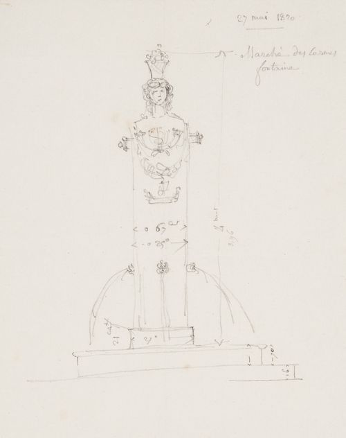 Sketch elevation for fountain, Marché des Carmes, Paris