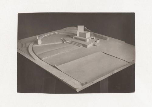 Photograph of a student model on the topic "Voluminous Composition. Major Public Building (View from a Highway) as a Voluminous Composition" for an unidentified course at the Vkhutein (Moscow Higher Technical Institute), Moscow