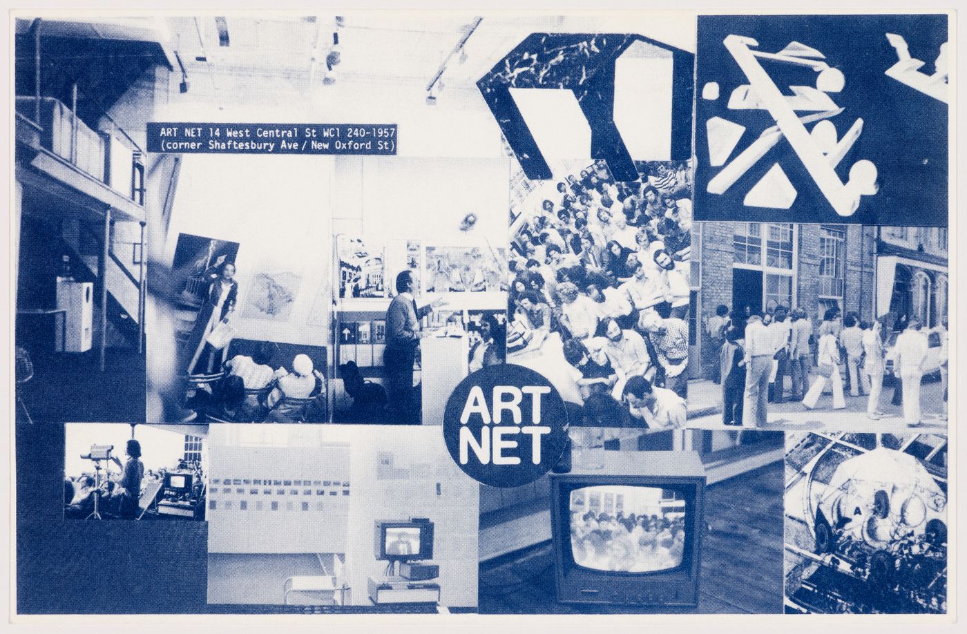 Postcard featuring collaged images of the Art Net gallery, exhibitions, events, recordings, audience members, and artworks