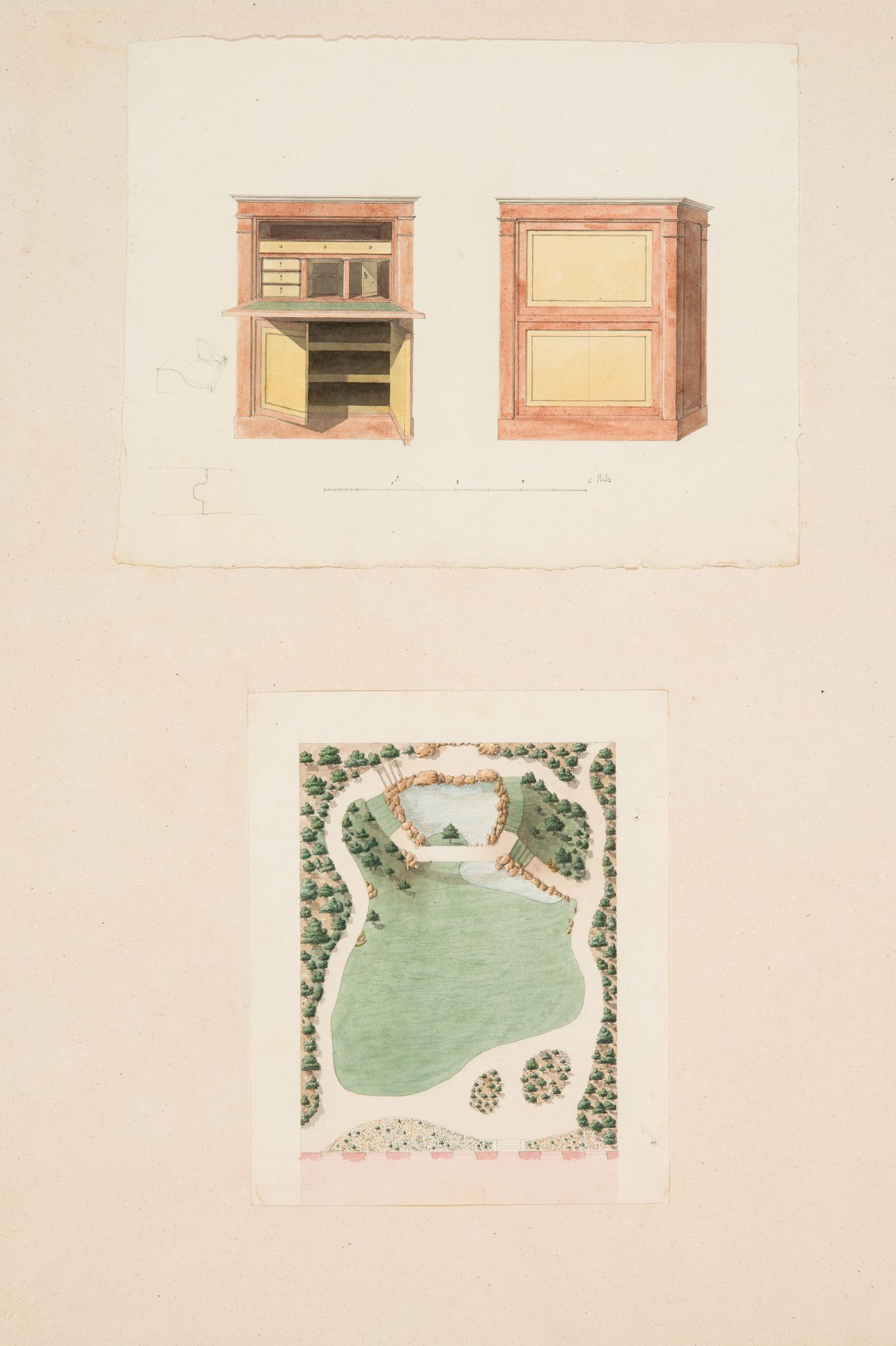 Axonometric drawings for a drop-front desk, possibly for M. le Dhuy; Project for renovations for a house for M. le Dhuy: Plan for the garden