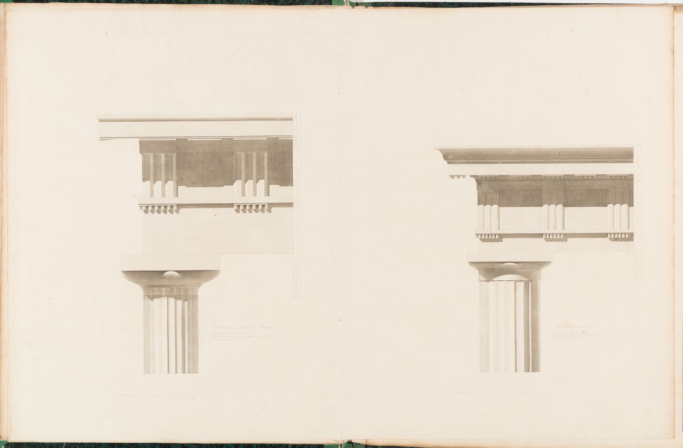 Elevations of columns and entablatures from two Greek Doric temples: Temple of Neptune, Paestum and the Temple of Hercules, Cori