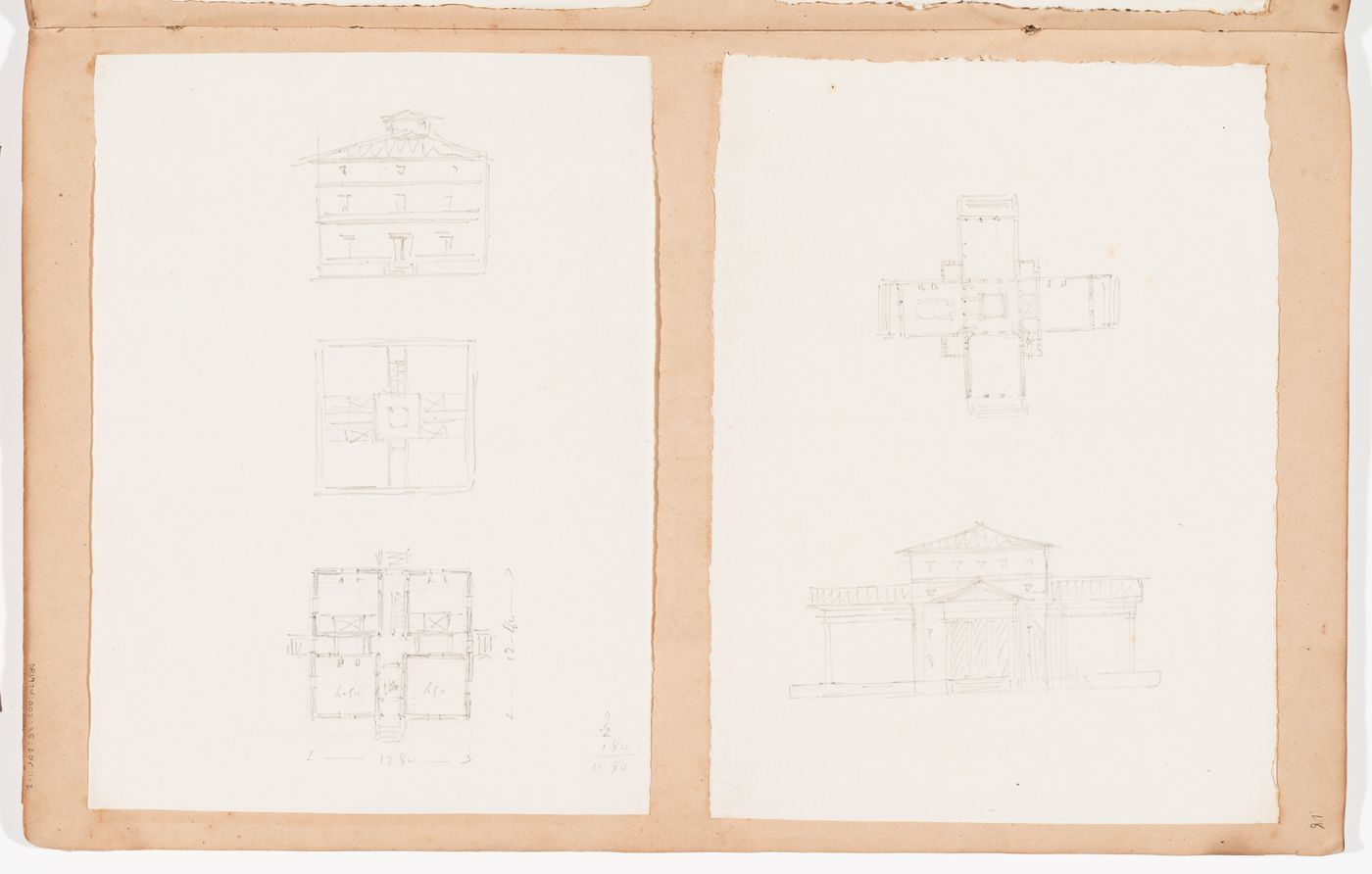 Sketch plans and elevations for country houses; verso: Perspective and plans for renovations for the house at Domaine de La Vallée