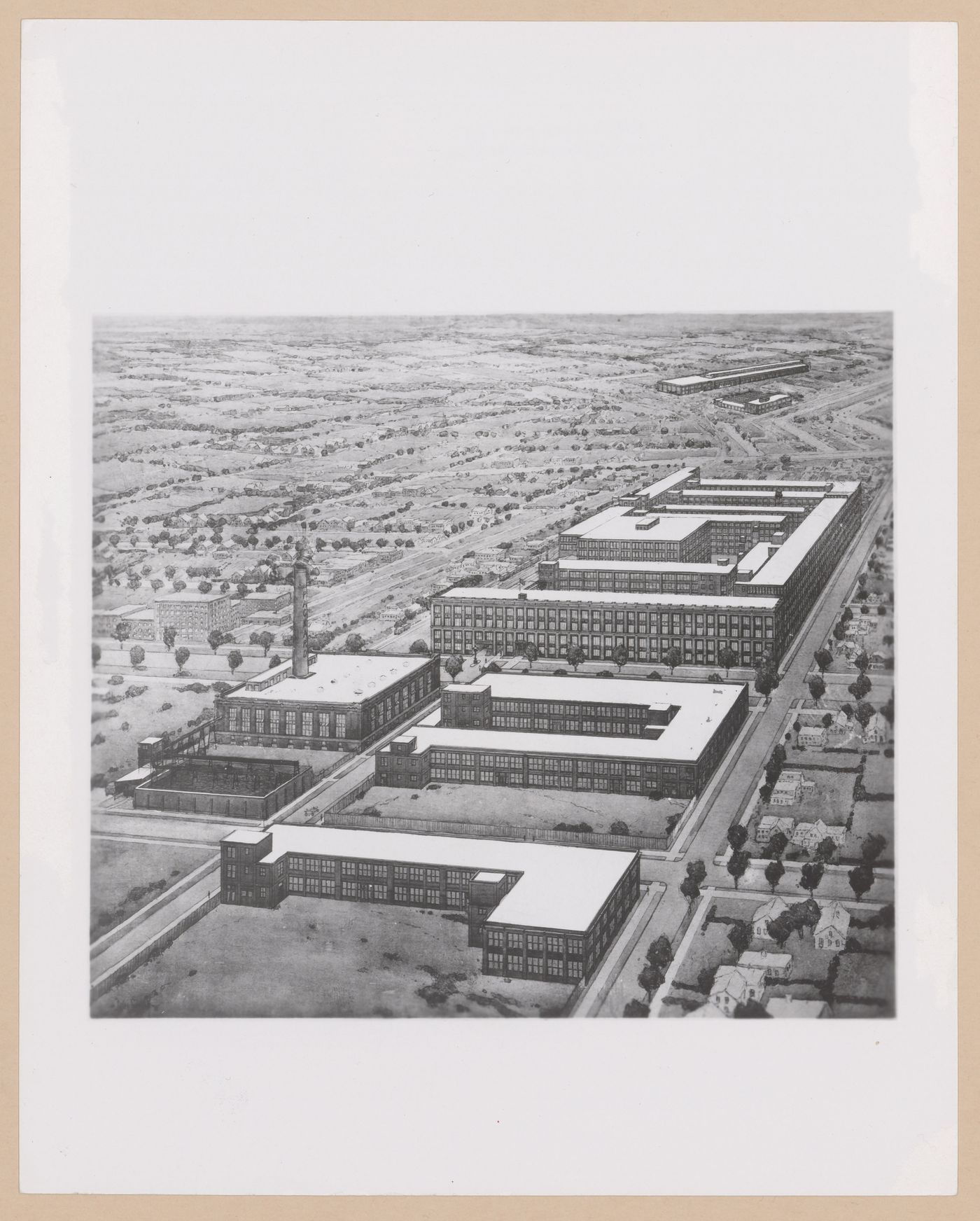 Photograph of a bird's-eye perspective drawing for the Packard Motor Car Company Assembly Plant (now abandoned), East Grand Boulevard, Detroit, Michigan