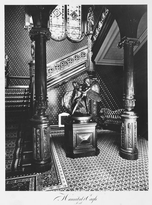 View of the hallway, stair, sculpture, Thurlow Lodge, Menlo Park, California