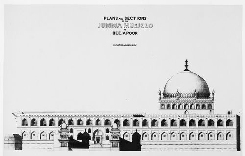Photograph of an elevation of the north lateral façade of the Jumma Mosque, Beejapore (now Bijapur), India