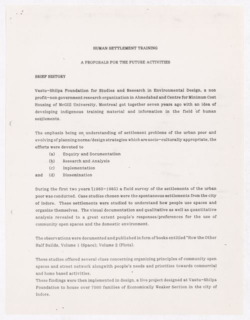 Proposal of future activities for Human Settlement Training project in India