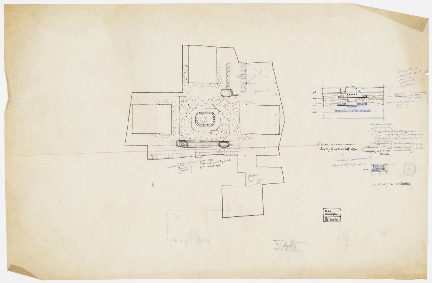 Sketch plan and section for second floor, Oxford Corner House, London