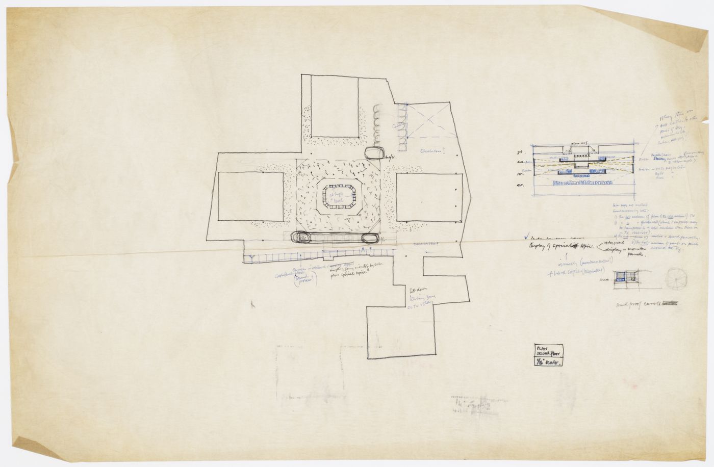 Sketch plan and section for second floor, Oxford Corner House, London