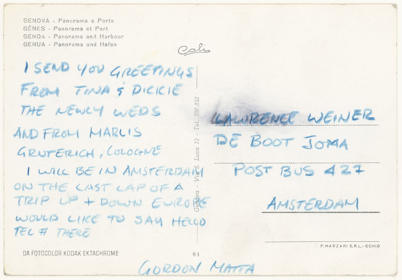 Postcard of Genoa from Gordon Matta-Clark to Lawrence Weiner