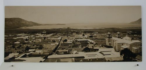 Panoramic view of unidentified town, looking towards the sea, Spain ?