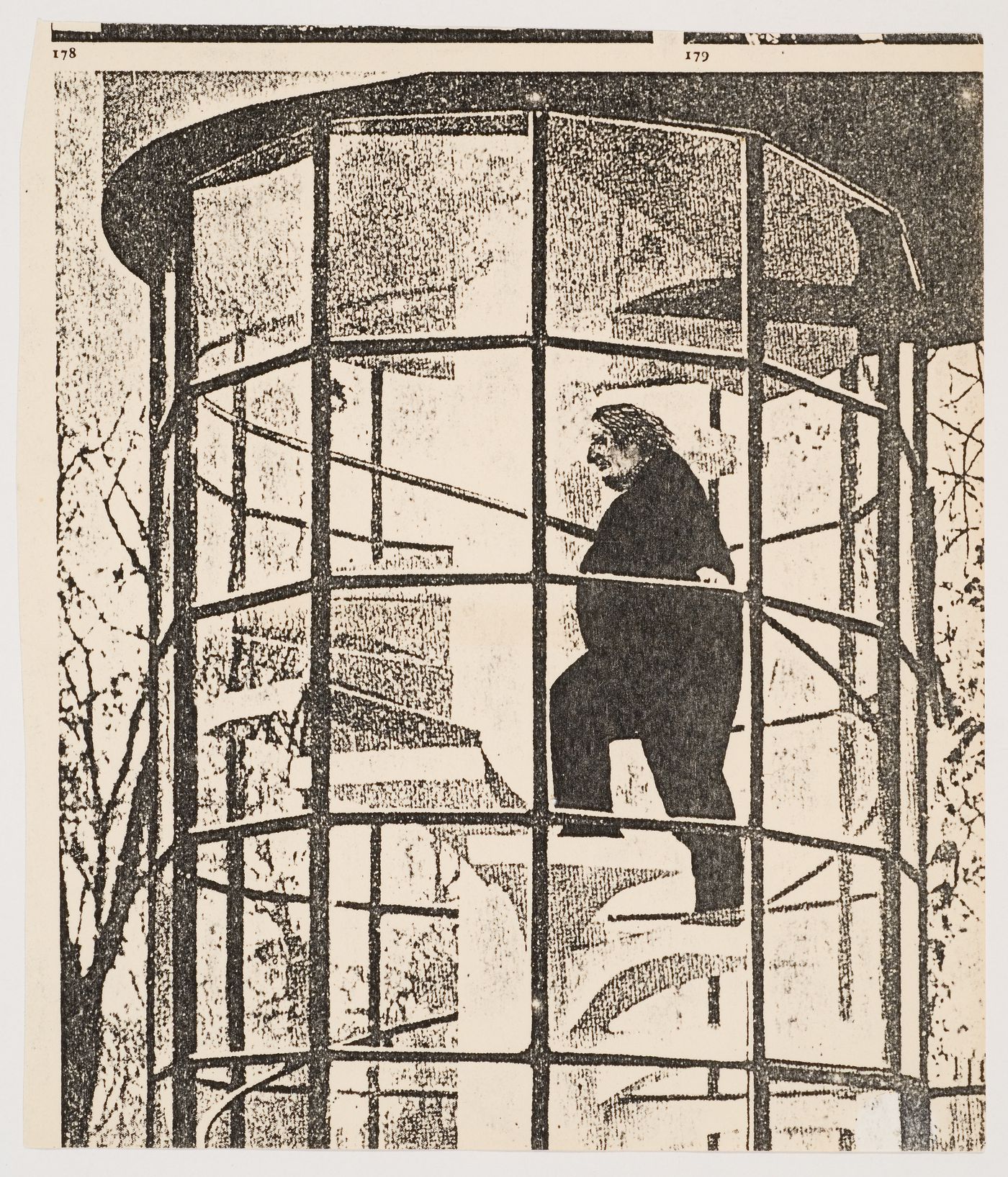 Clipping of a view of James Stirling on the spiral staircase of Leicester University Engineering Building