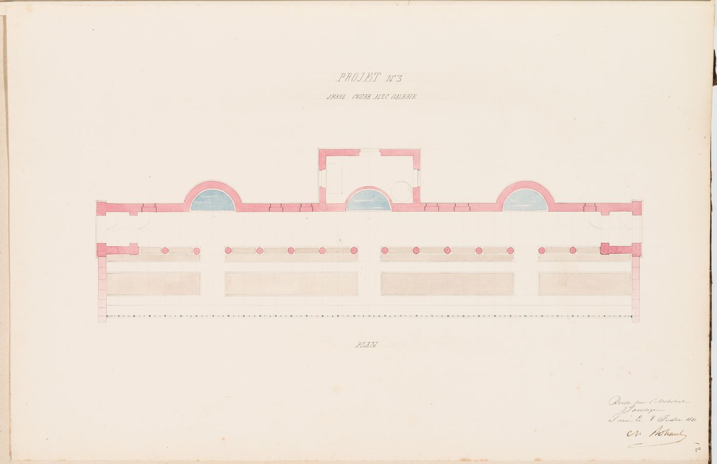 Plan for a "serre chaude" with a curved glass roof and a gallery for Monsieur Fauquet-Lemaitre