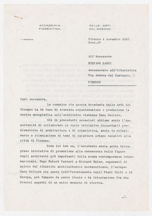 Correspondence and a budget for the exhibition Hans Hollein. Opere 1960-1988