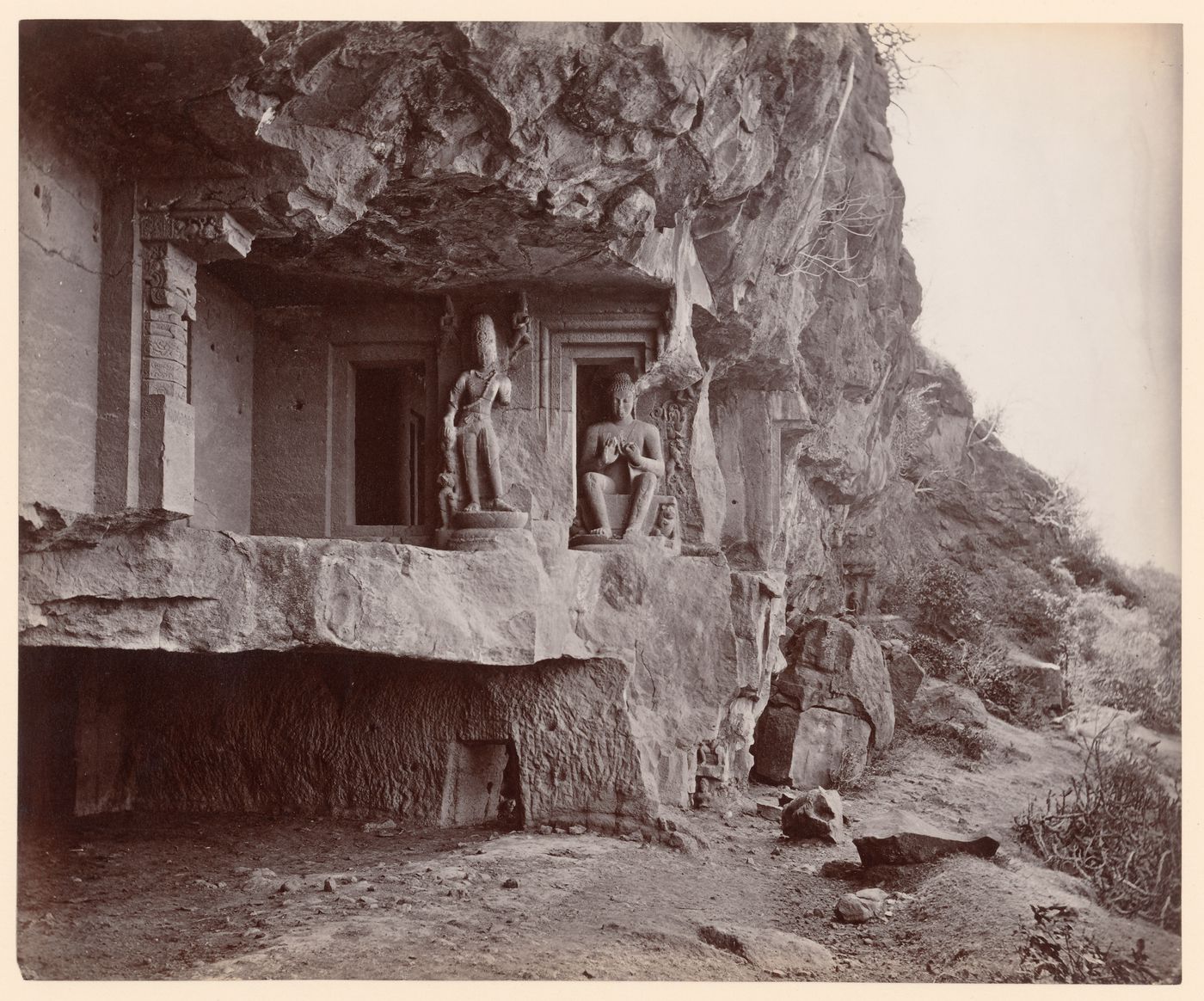 View of the entrance to Cave 2, Dherawara, Ellora, India