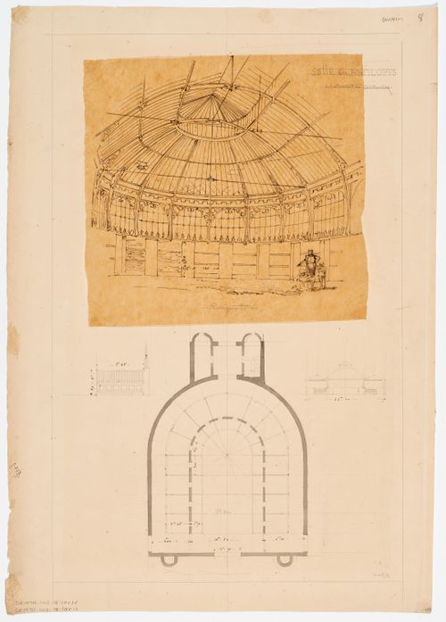 Zoological garden, Antwerp: Interior sketch perspective, elevation, section and plan of the antelope cage