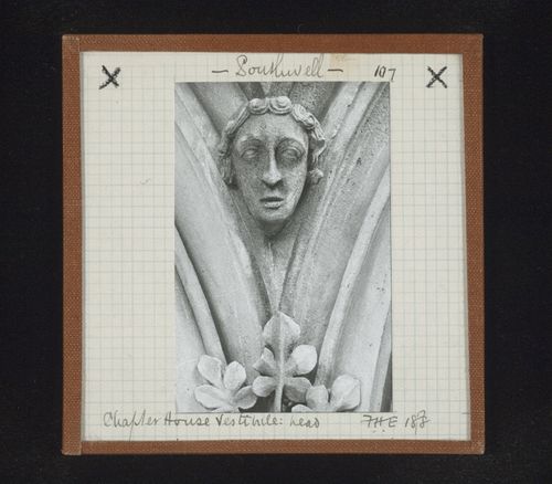 Detail view of sculpture of head in vestibule of Chapter House, Southwell Minster, Southwell, Nottinghamshire, England