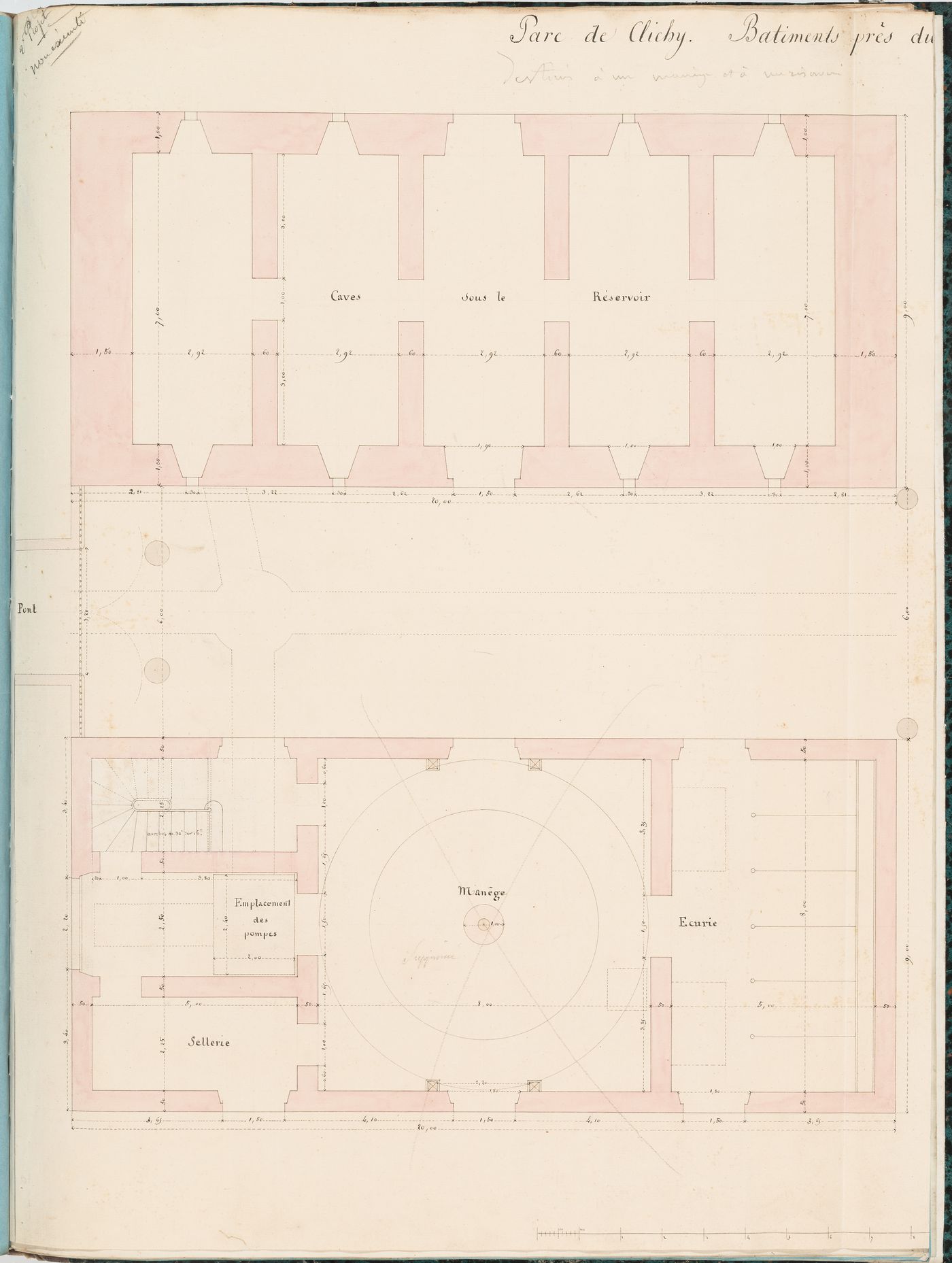 Plan for the "caves" of a reservoir and plan for an adjacent manège, Parc de Clichy