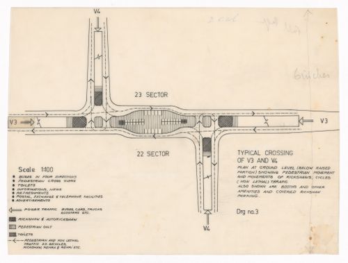 Road plan showing typical crossings of road types V3 and V4 for Linear city, Chandigarh, India
