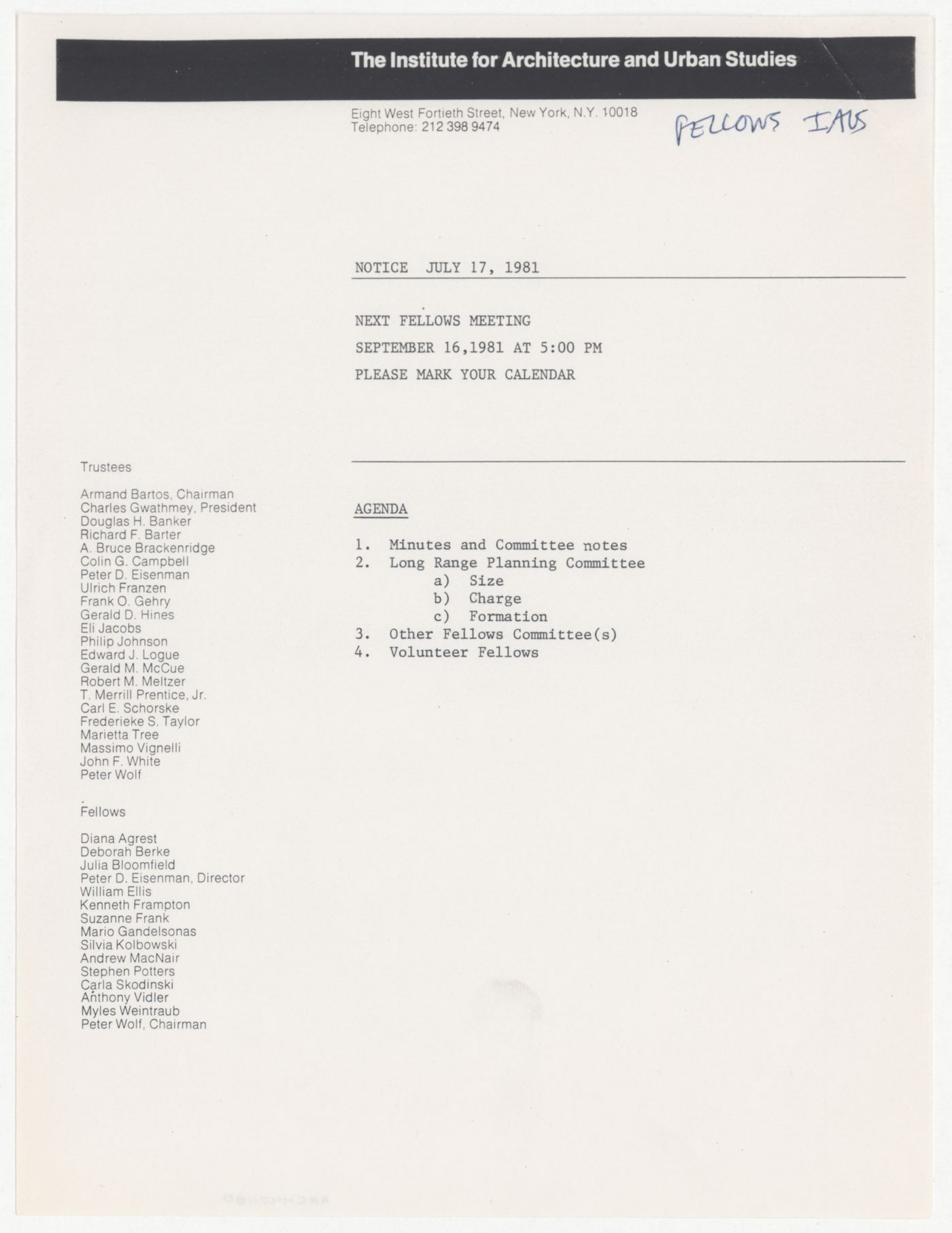 Agenda for meeting of the Fellows on September 16th, 1981