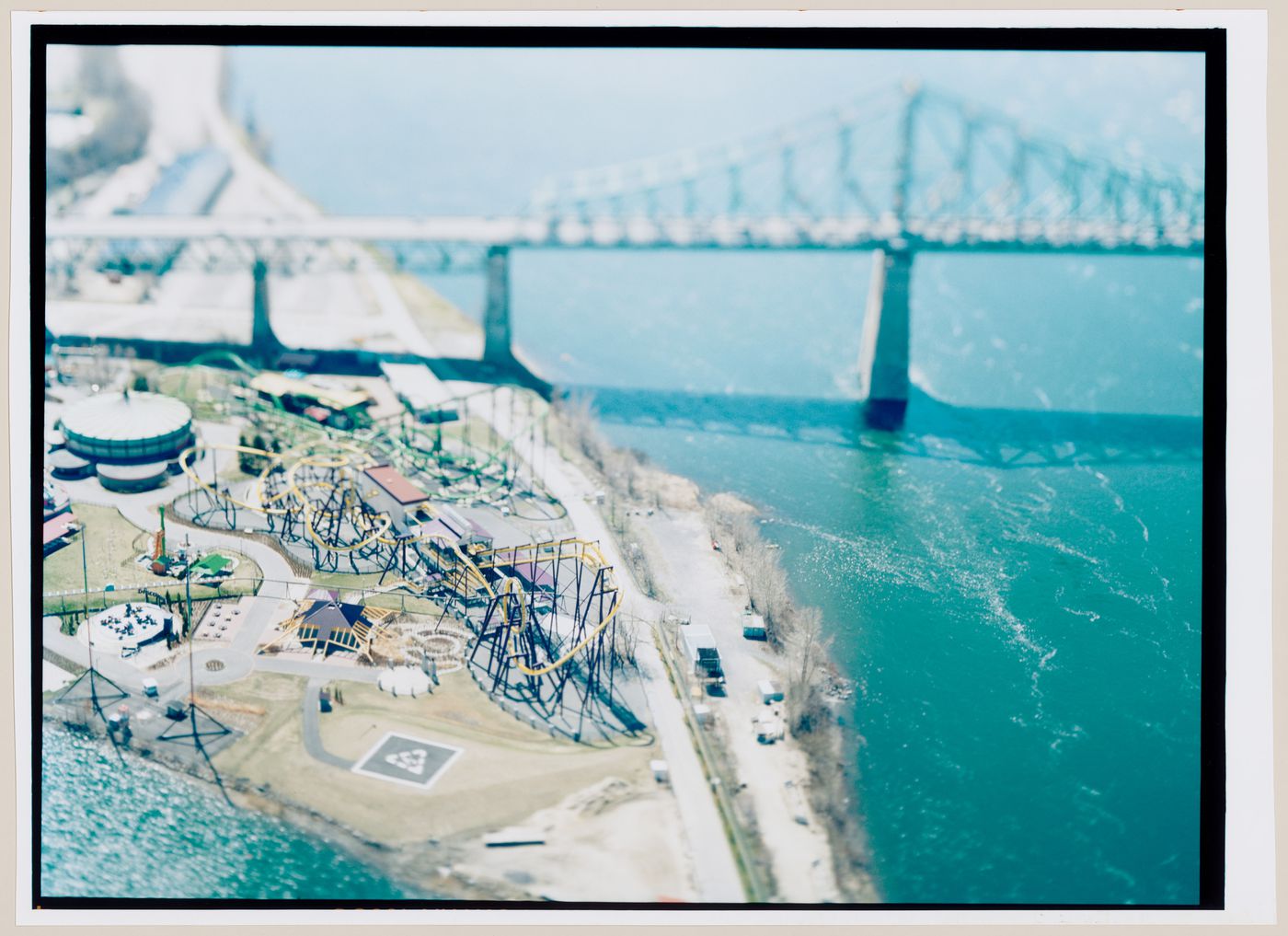 Aerial view of La Ronde amusement park and the Jacques-Cartier Bridge, Montréal, Québec