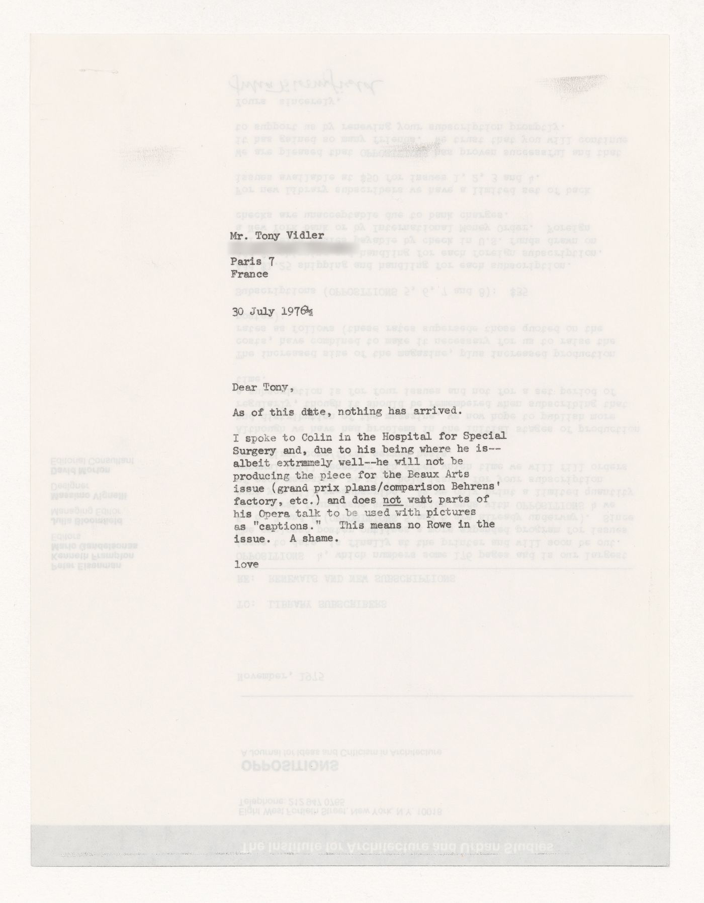 Letter to Anthony Vidler (possibly from Peter Eisenman)