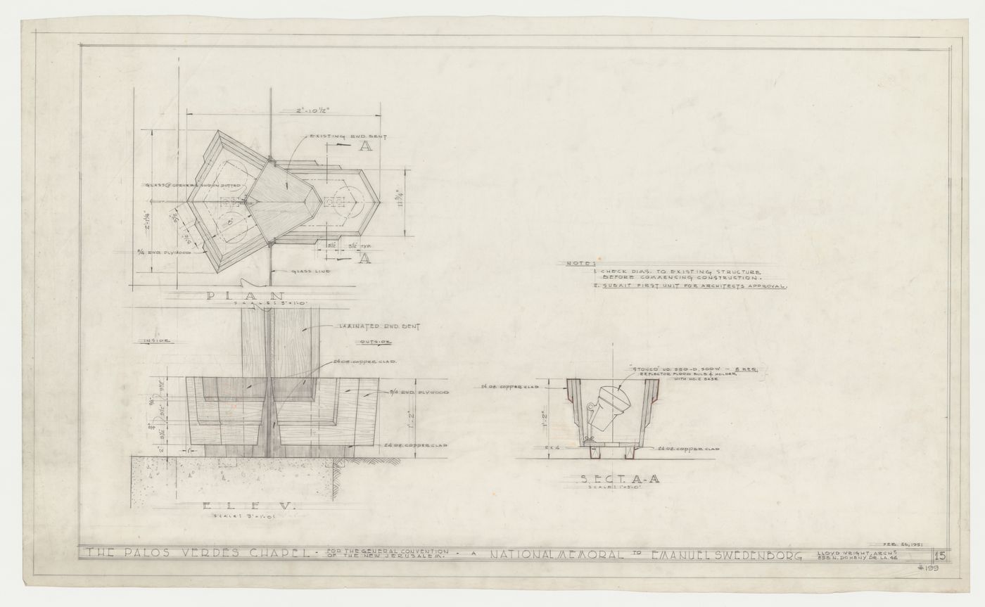 Wayfarers' Chapel, Palos Verdes, California: Plan, elevation and section for a chapel lighting fixture for the base of a redwood bent truss