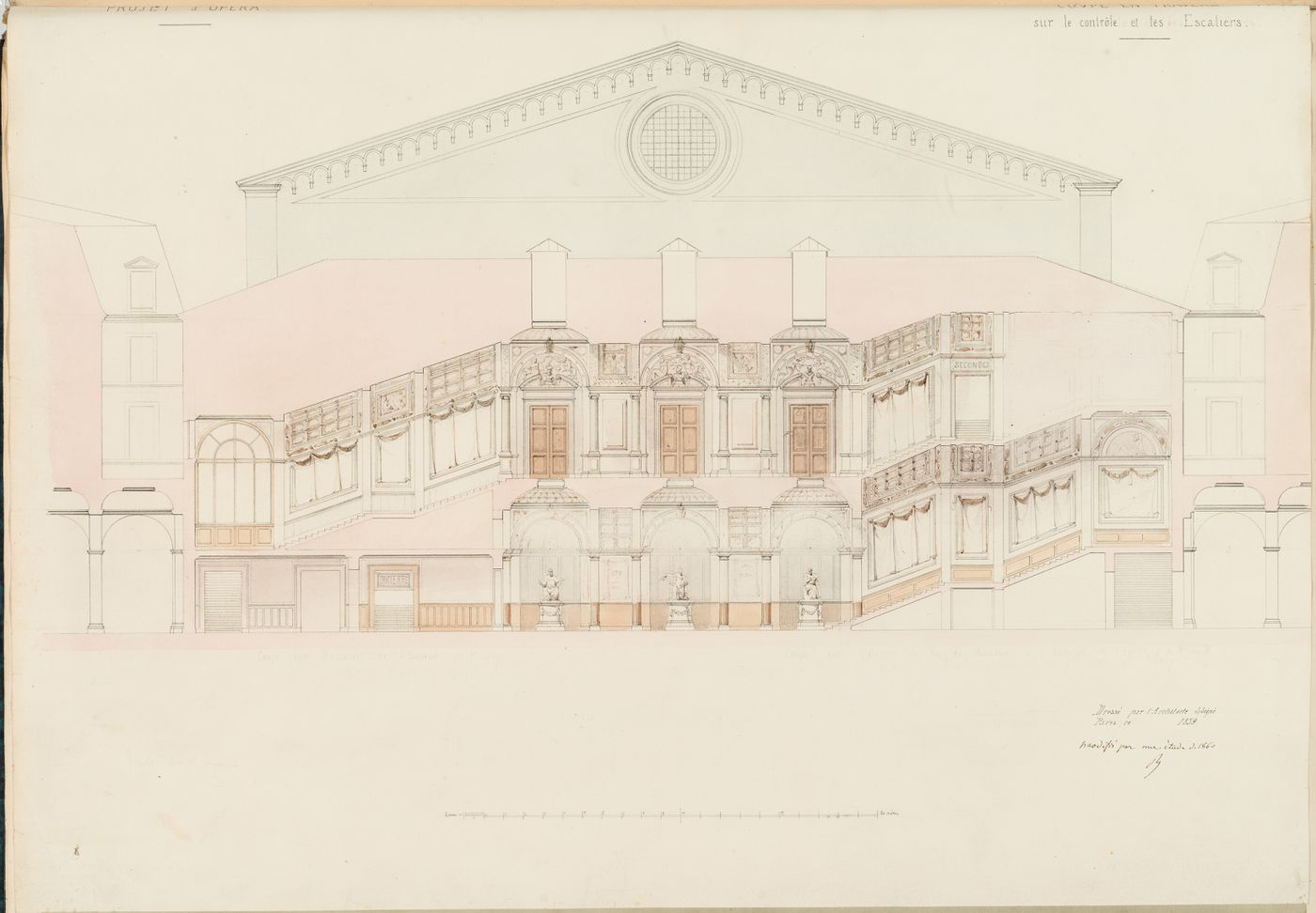 Project for an opera house for the Théâtre impérial de l'opéra: Cross section through the ground floor and "entresol" stairs