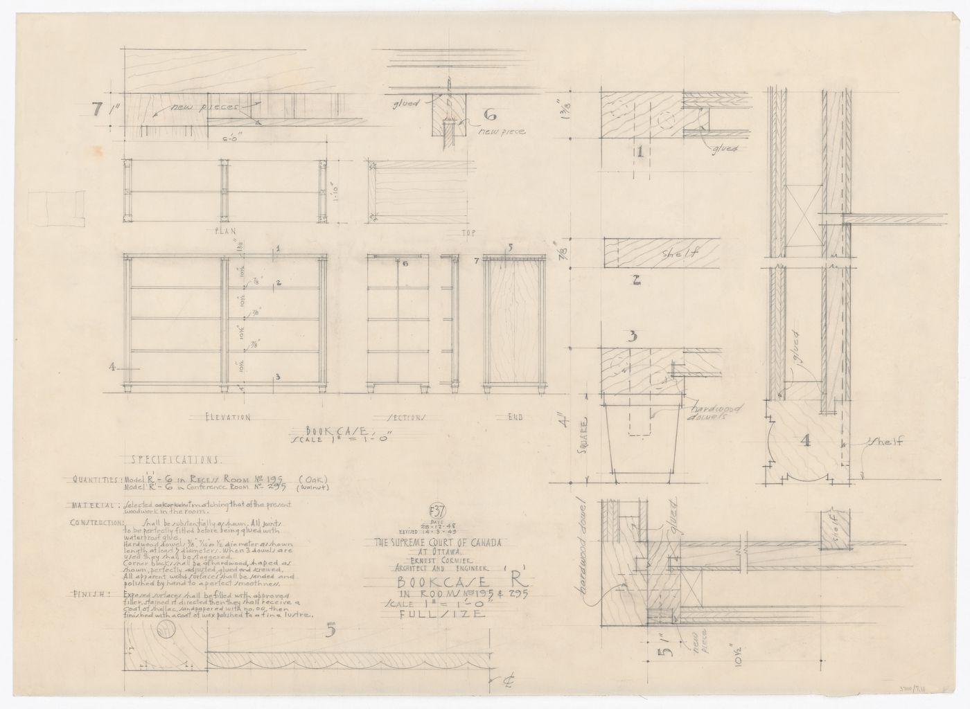 Plan, élévations, coupes et détails de la bibliothèque "R" pour Cour suprême du Canada, Ottawa, Ontario