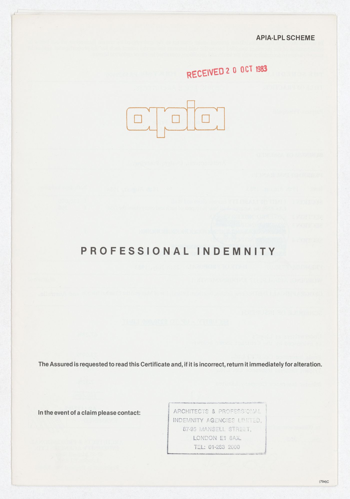 Professionnal indemnity insurance policy for Cedric Price Architects