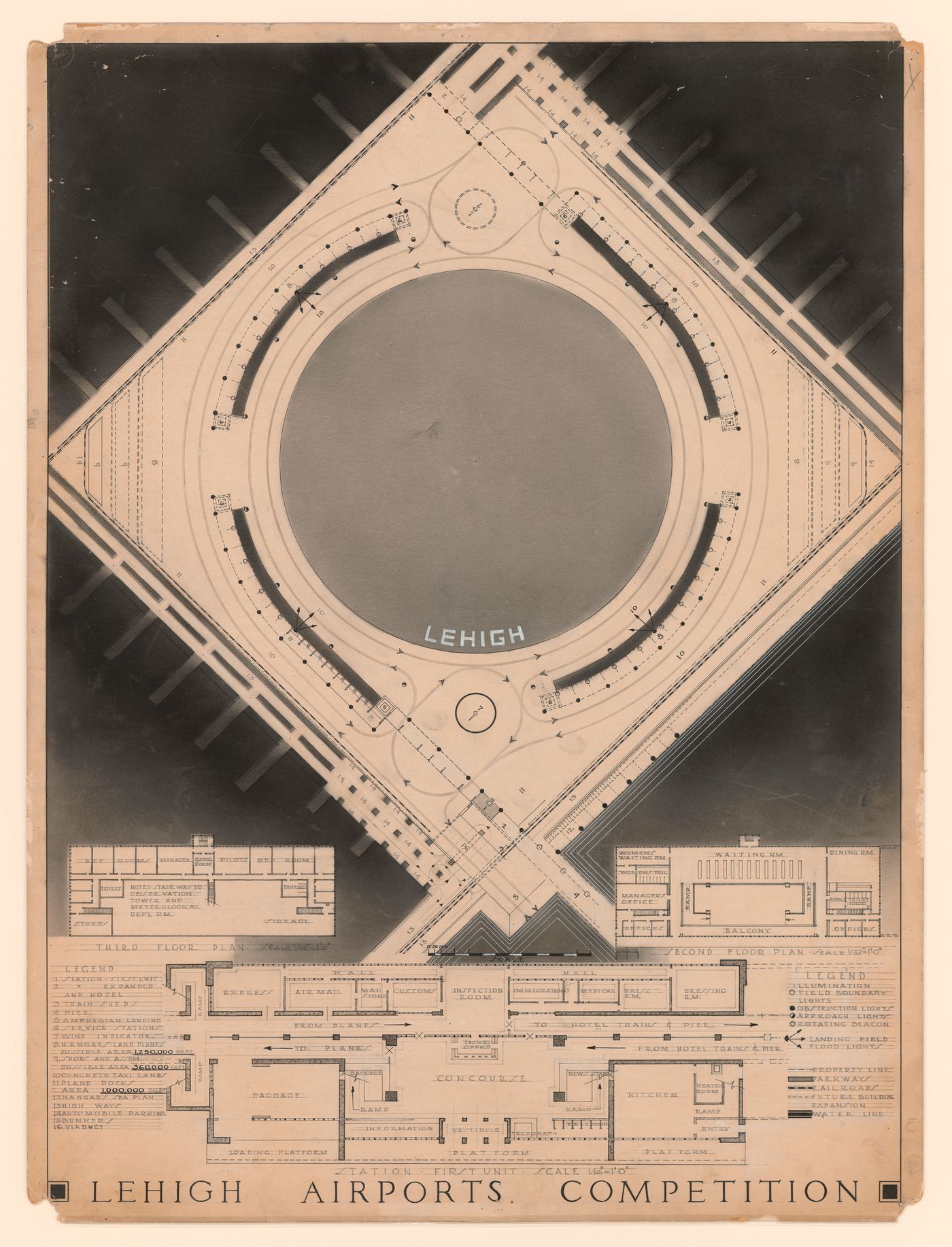 Lehigh Airports Competition Entry: Competition panel showing airport plan, and the first, second, and third floor plans for the station