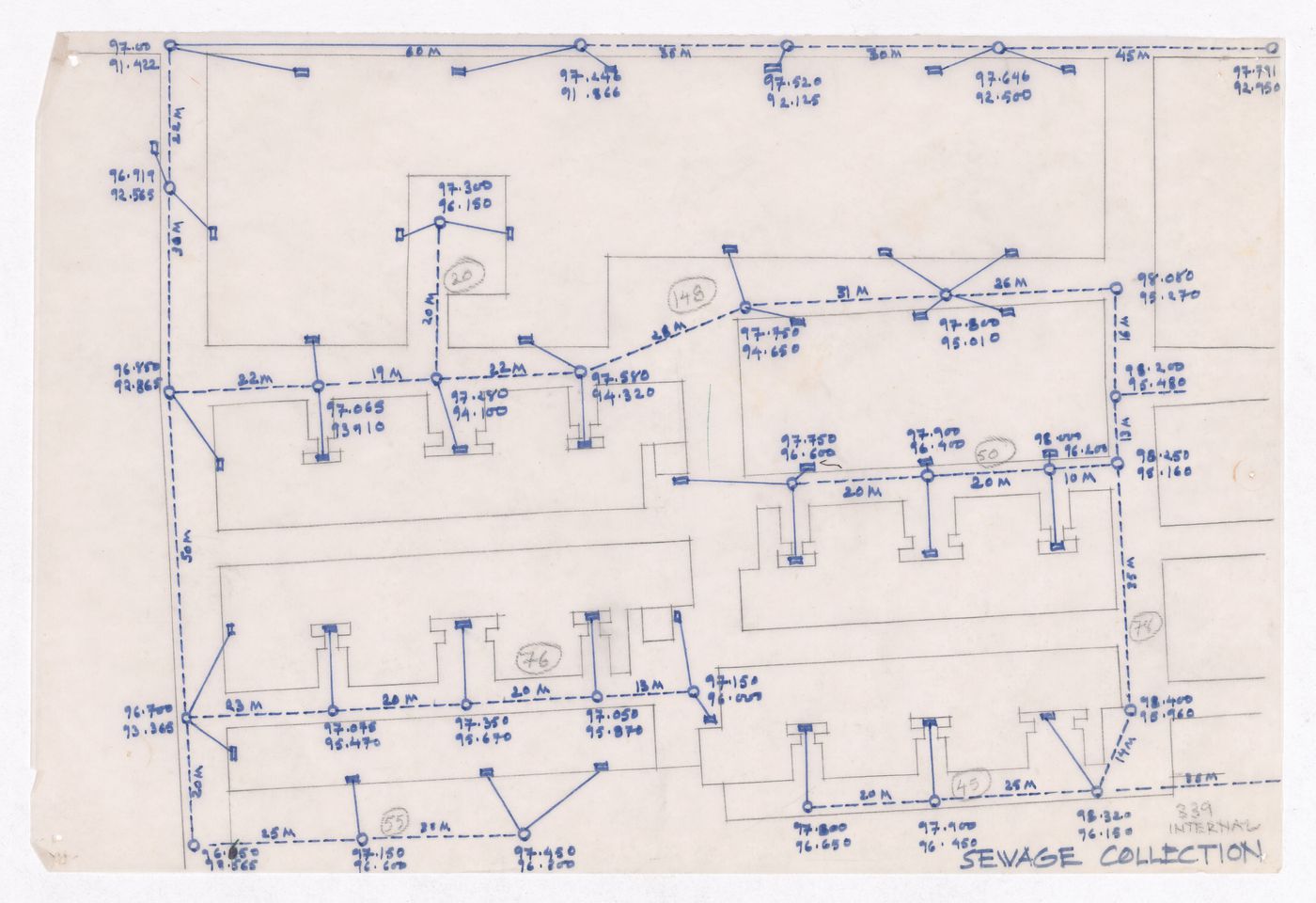 Sketch plan of plots showing sewage collection for Minimum Cost Housing Group's plot in Aranya township, India, for Aranya Housing Project