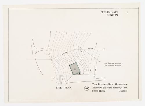 Plan du site, Projet de pépinière à chauffage solaire actif et passif pour le Petawawa National Forestry Institute, Chalk River, Ontario, Canada