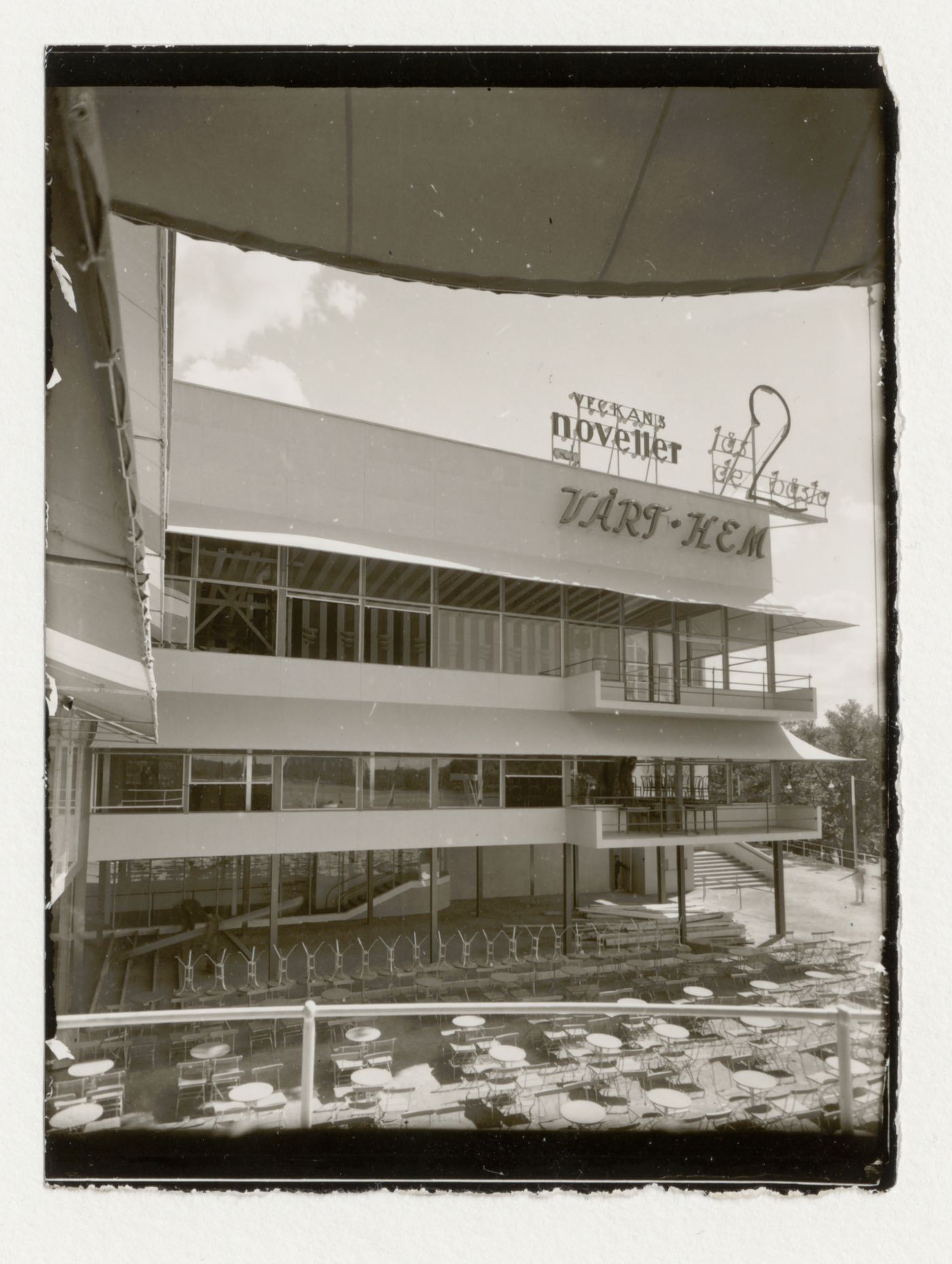 Exterior view of the terrace of Paradise Restaurant at the Stockholm Exhibition of 1930 from a balcony, Stockholm