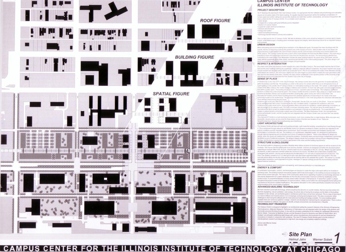 Site plan and project description, submission to the Richard H. Driehaus Foundation International Design Competition for a new campus center (1997-98), Illinois Institute of Technology, Chicago, Illinois