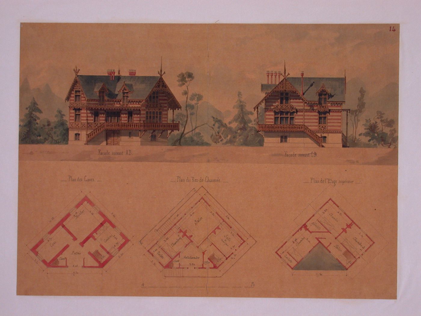 Rendered elevations and plans for a chalet-style house