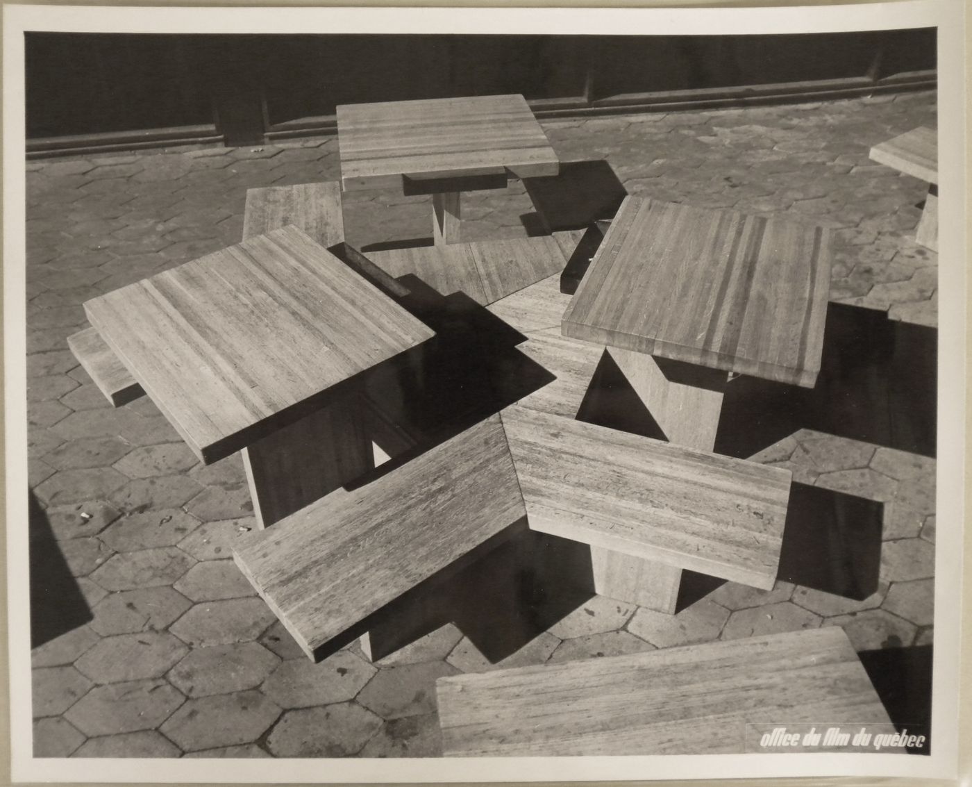 View of picnic tables with their benches, Expo 67, Montréal, Québec