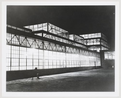 View of the rear [?] façade of the Manufacturing [?] Building at night, Niles Bement Pond Company Pratt & Whitney Corporation division Assembly Plant, West Hartford, Connecticut