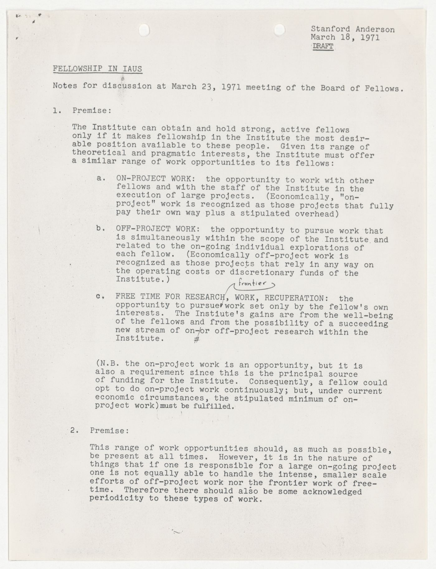 Discussion notes for the Board of Fellows meeting of March 23, 1971