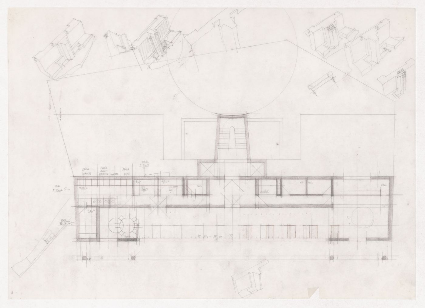 Plan and sketch axonometric views for Edifício de Escritórios Ferreira de Castro, Hotel, Oliveira de Azeméis, Portugal