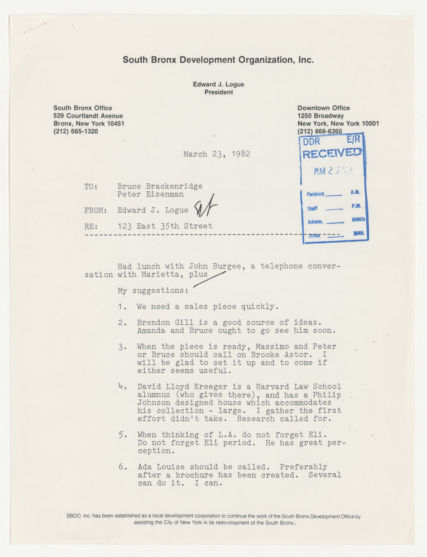 Letter from Edward J. Logue to Peter D. Eisenman and Bruce Brackenridge