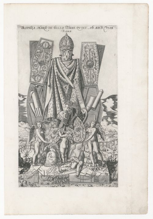 Perspective of the trophies of Marius with three putti