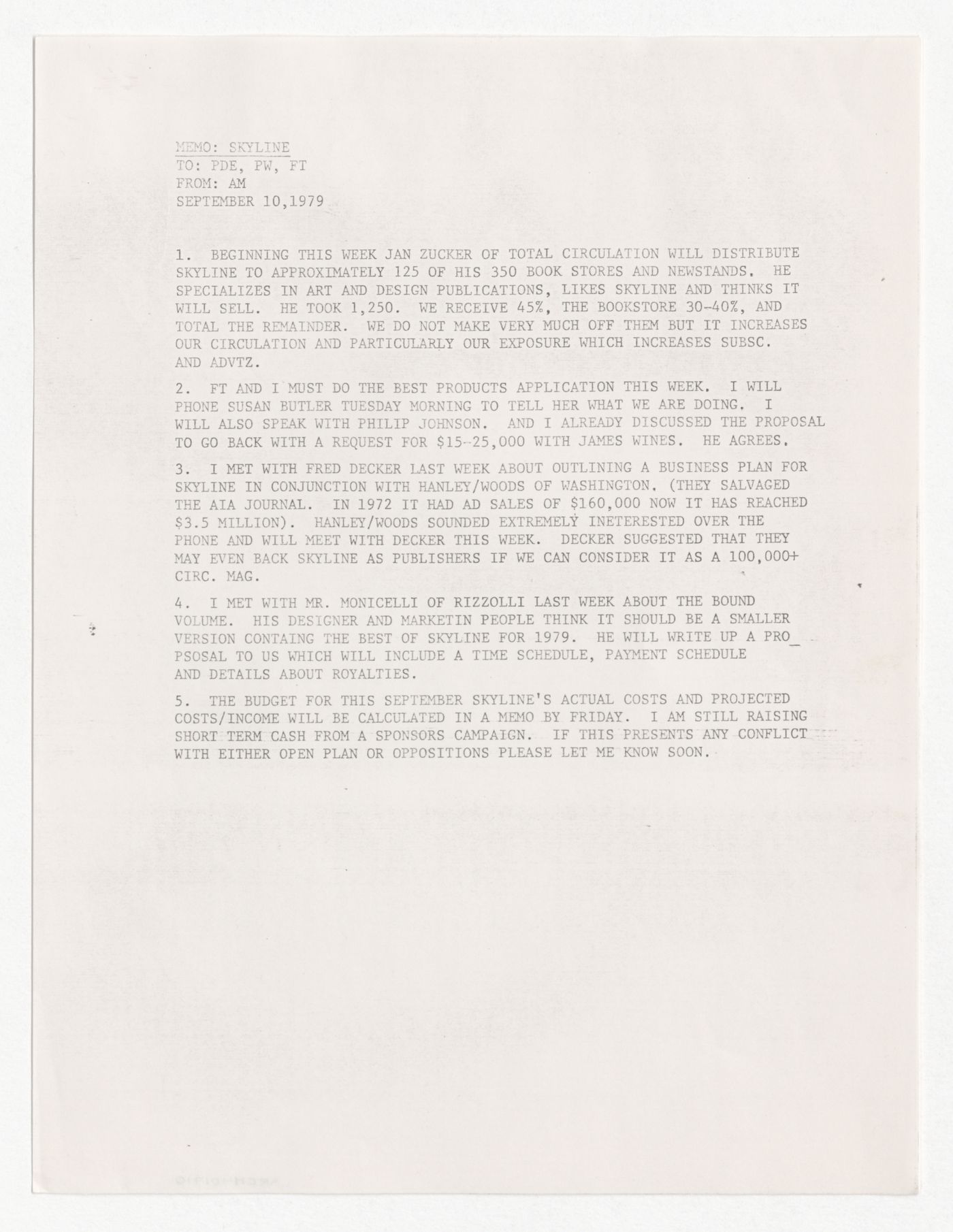 Memorandum from Andrew MacNair to Peter D. Eisenman, Peter Wolf and Frederieke Taylor about update on status of Skyline