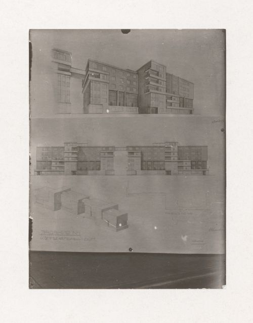 Photograph of student drawings by O. Ivanova on the topic "Exercise on Finding the Expressiveness of Frontal Surface. Façade of House-Commune" for the "Space" course at the Vkhutein (Moscow Higher Technical Institute), Moscow