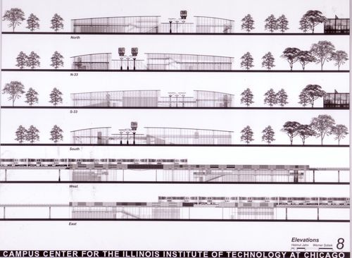 Elevations, submission to the Richard H. Driehaus Foundation International Design Competition for a new campus center (1997-98), Illinois Institute of Technology, Chicago, Illinois