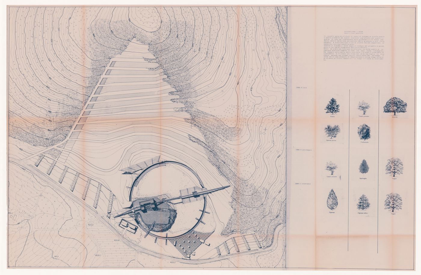 Site plan with annotations for Riqualificazione cava di San Carlo [Redevelopment San Carlo quarry], San Vincenzo, Livorno, Italy